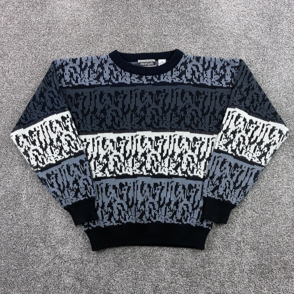 Vintage Marquis Sweater Mens Medium Abstract Geometric Knit Black Gray White‎